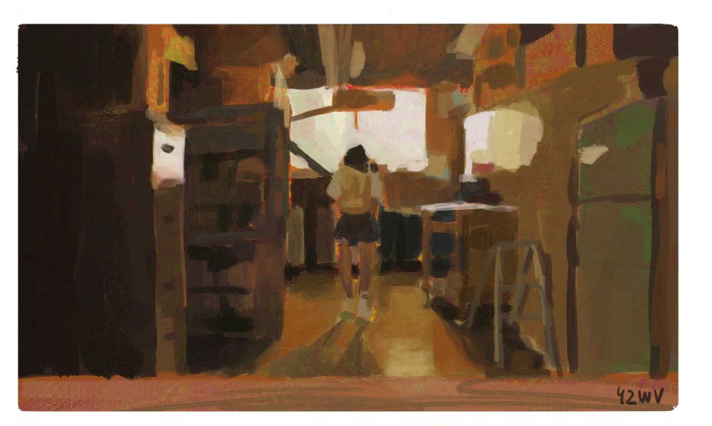 Painting of a schoolgirl in a room. Reference: Donbrothers