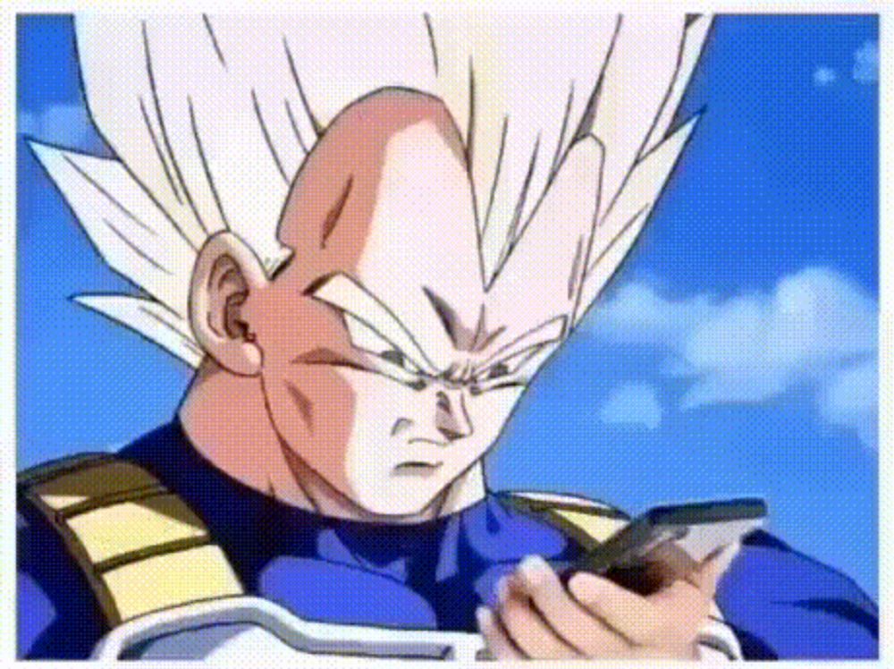 a cartoon character with white hair is holding a cell phone in his hand .