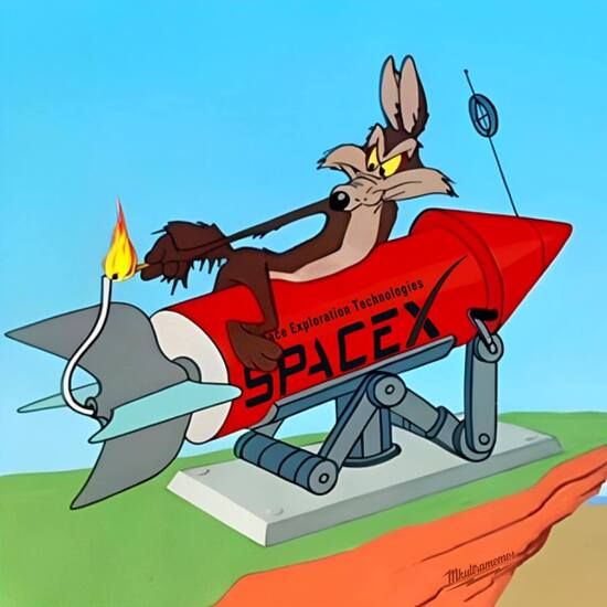 Wile E Coyote riding a SpaceX rcoket