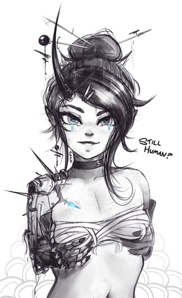 Oni girl squishing her wrapped boobs up with text saying 'still human?'. One arm is mechanical 