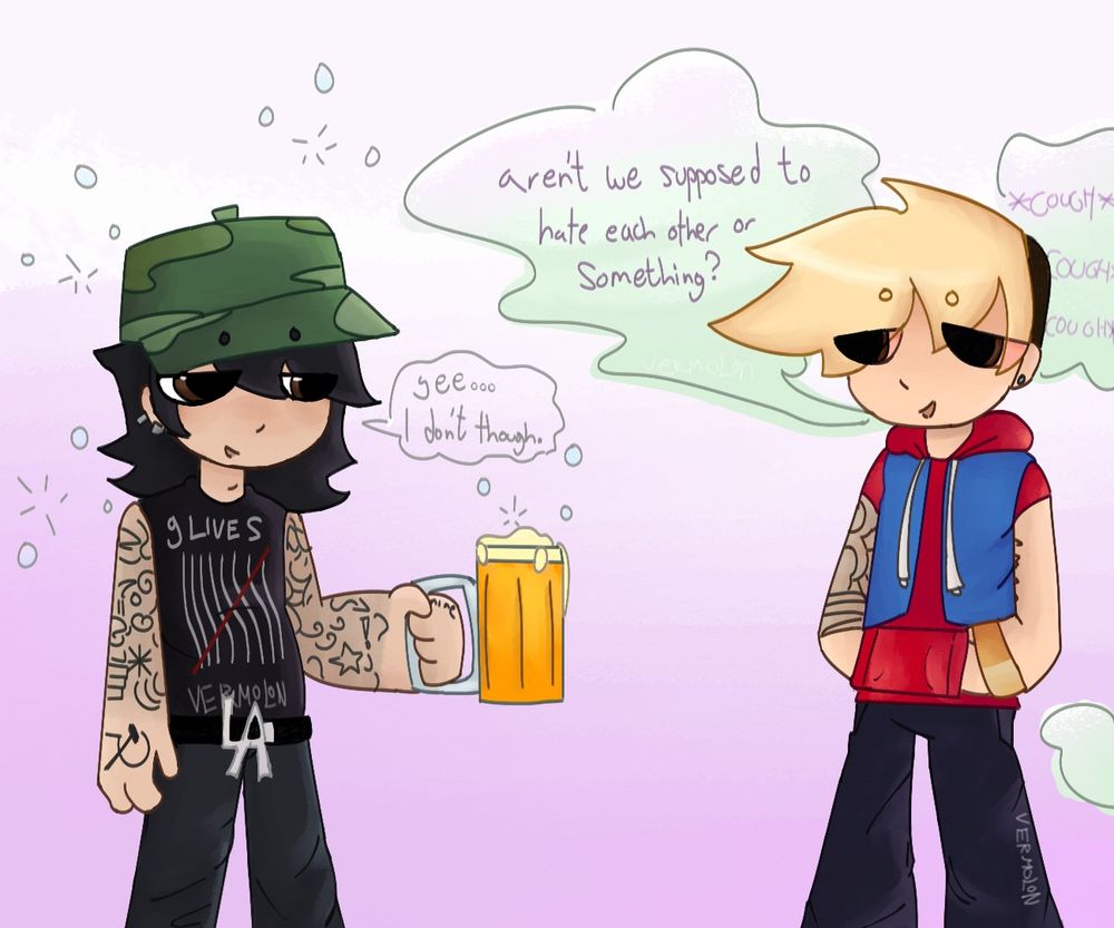 drawing of Deuce who is drunk and Danny who is high as a kite.