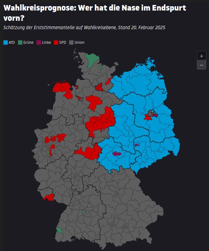 Karte der Bundesrepublik Deutschland mit den prognostizierten Wahlergebnissen auf Wahlkreisebene. Der Westen Deutschlands ist fast komplett schwarz. Der Osten ist fast komplett blau, aber nur, weil man braun so schlecht darstellen kann.