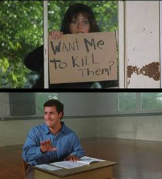 Two screenshots from "The Waterboy": Vicky holds up a sign that says "Want me to kill them?; Bobby is sitting at a desk with a test shaking his head "No."