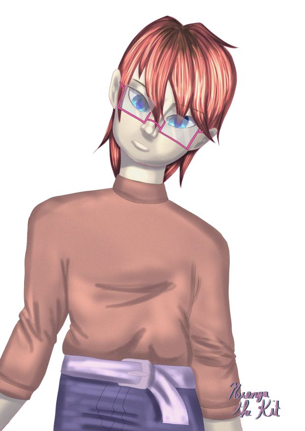 Picture of Blossom, a young man with dyed red hair, blue eyes and glasses