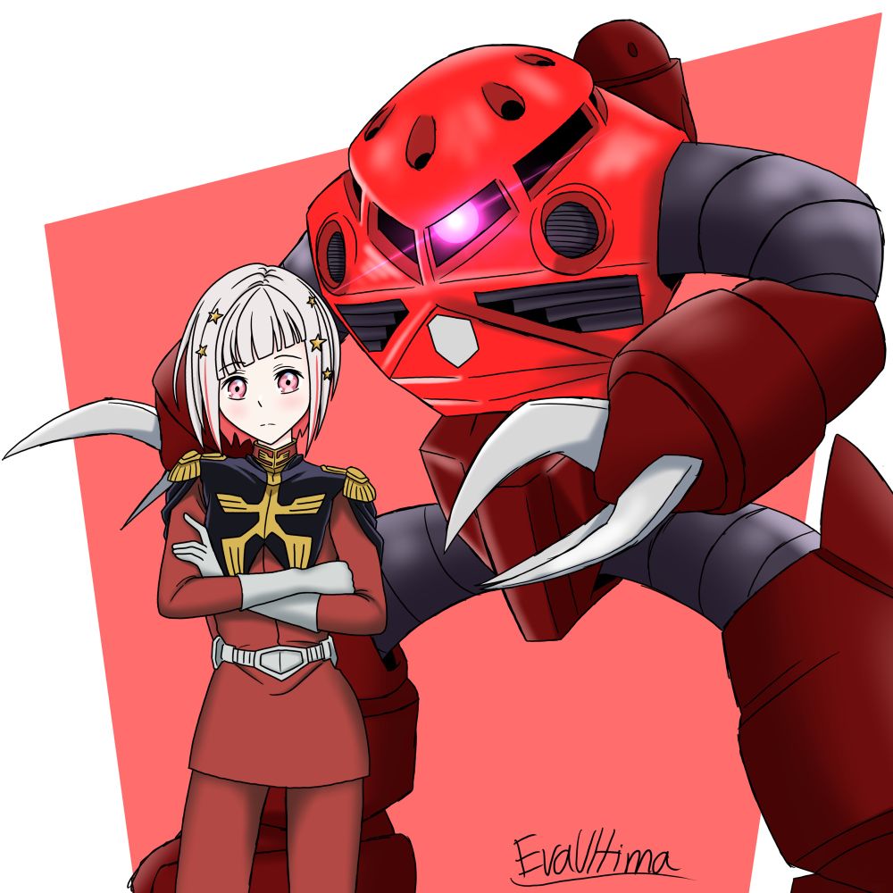 Tsuzuri Yugiri (Love Live! Hasunosora) wearing Char Aznable's (Mobile Suit Gundam) uniform standing in front of Char's Z'Gok