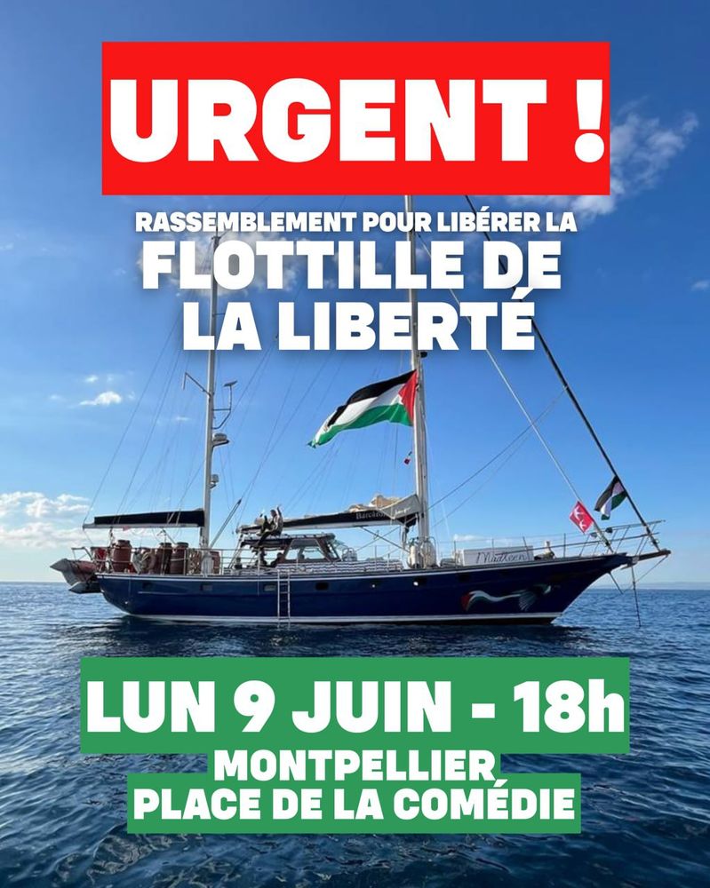 Rassemblement pour libérer la Flotille de la liberté 9 juin 18h Montpellier Place de la Comédie