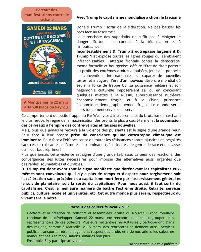 Partout des manifestations contre le racisme : à Montpellier le 22 mars à 14h30 Place du Peyrou - Partout des collectifs locaux Nouveau Front Populaire