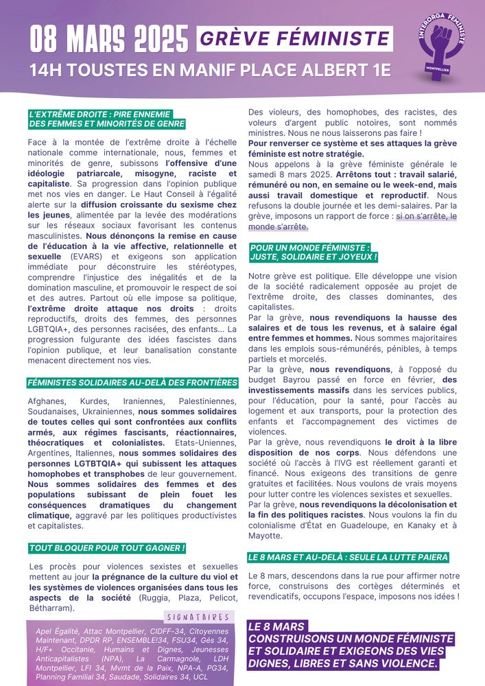 Tract 8 mars 14h manifestation à Montpellier Place Albert 1er