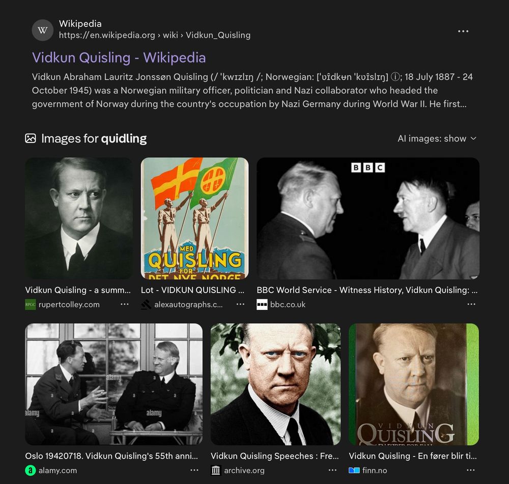 Screenshot of images of Vidkum Quisling, a Norwegian propagandist & collaborator during WW2 , who was hanged as a traitor 