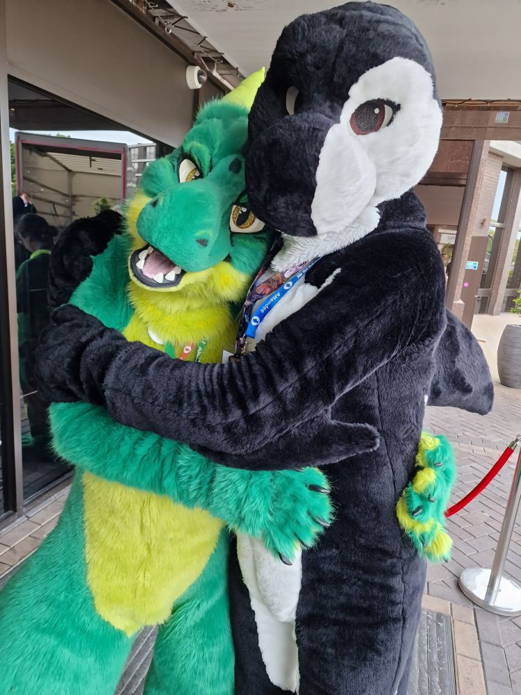 A black-and-white Orca Fursuiter (me) and a greenish Dragon Fursuiter (Fireshell) hugging and posing for a picture outdoors in front of the convention hotel at Confuzzled