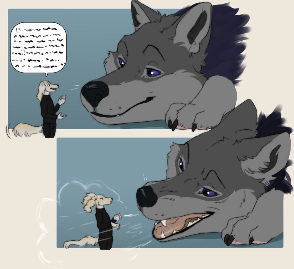 A micro dog is blabbering on and on to their larger wolf friend about something. The wolf then teasingly burps over their dog friend to silence them