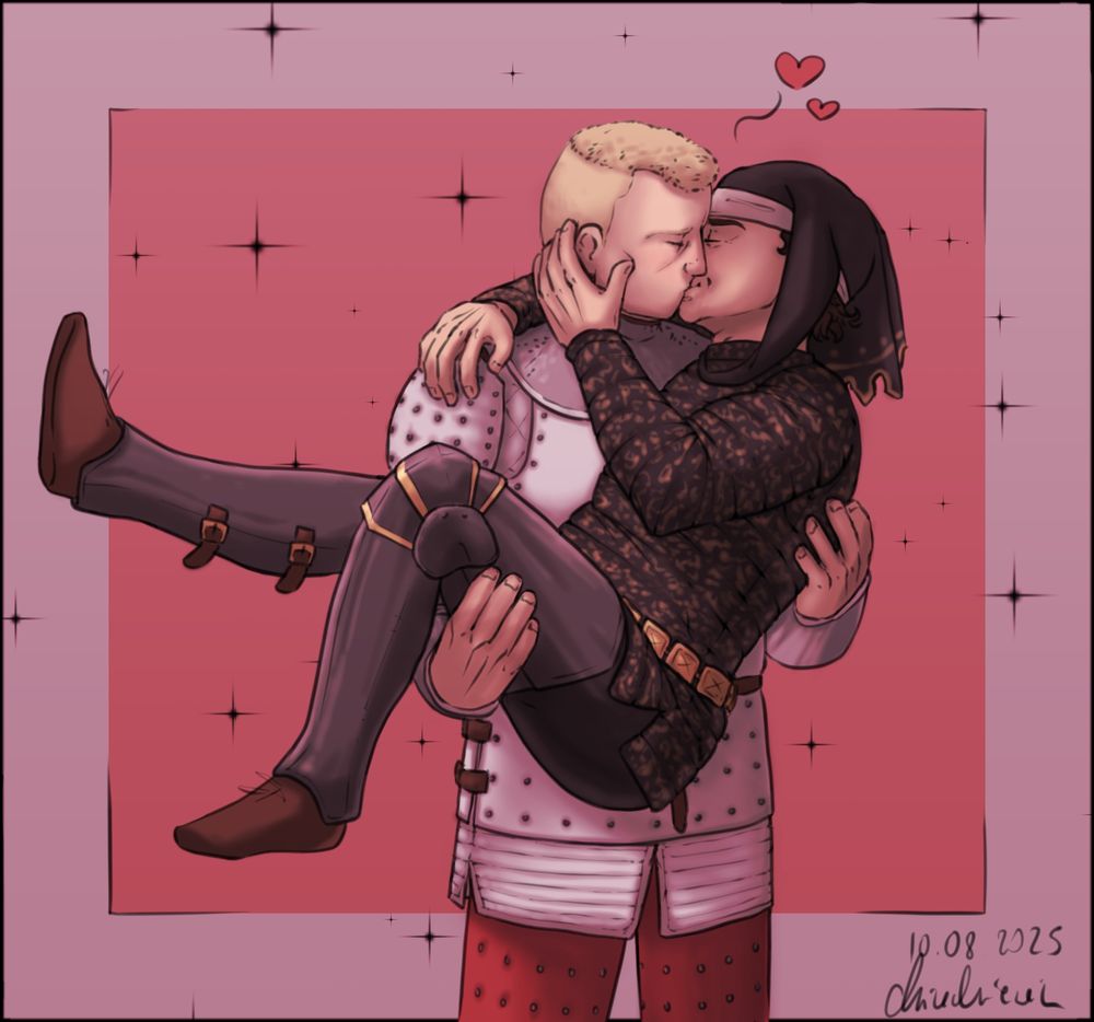Digital fanart of Kingdom Come: Deliverance characters - Istvan Toth and his gay lover Erik. Erik, in white armour, is holding Istvan up in his arms; right hand supporting legs, left under the back. Istvan, in black and gold clothes with armor on his legs, has his right arm around Erik's neck, while his left palm is on the other man's cheek; he's swinging his right leg. The two are sharing a delicate kiss. Piece is kept in pinkish tones. Background is a simple pink rectangle, with black sparkles around the characters.