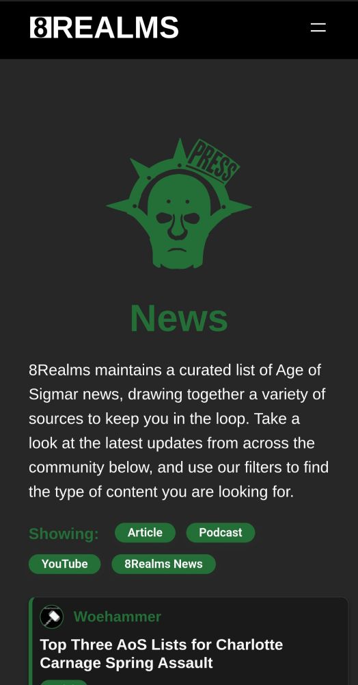 The 8Realms.net news page, showing a Stormcast Eternal with a press badge and a series of filters for articles, podcasts, YouTube channels and platform news