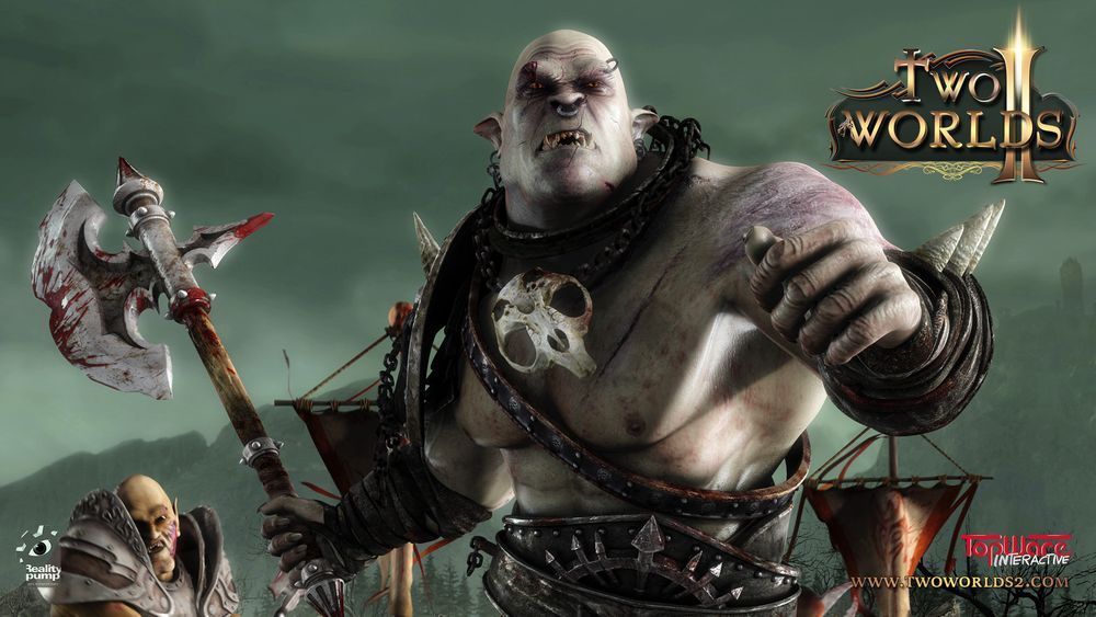 A Two Worlds II wallpaper. There's a large humanoid creature wearing bracers with spikes, a leather bandolier looking thing, and a collar with a skull on the front of it. He's holding a bloodstained axe. 

In the background there's what looks to be a human in armor to one side, a banner of some kind to the other. Behind them it's misty, and there's a mountain or hill.