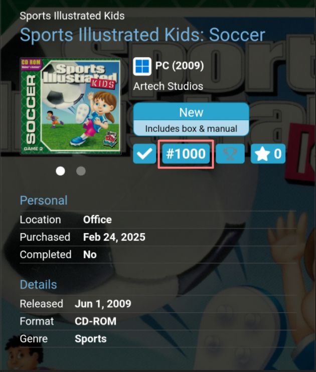 A screenshot of CLZ Games showing an entry for Sports Illustrated Kids: Soccer. The image has the cover and various information about the game.