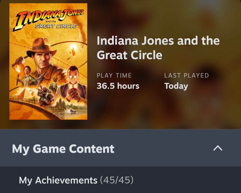 A screenshot of the steam app showing Indiana Jones and the Great Circle. It has my playtime, 36.5 hours, the last played date, today, and the number of achievements, 45/45. 