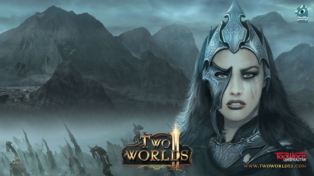 A Two Worlds II wallpaper. The head woman wearing a helmet/mask combo. She has black hair past her shoulder and a scar under her left eye. 

The background has what looks like dead bodies stuck to stone spires. Then there's mist (over a gorge, maybe), and a range of mountains beyond.