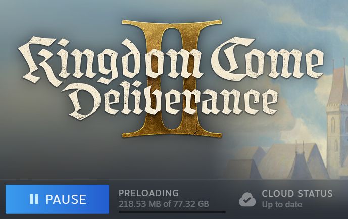 Screenshot of the Kingdom Come Deliverance II logo from a Steam library. The image also has a "preloading" progress bar that is at 218MB of 77.32GB.