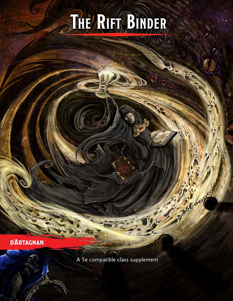 The cover of the Rift Binder Class
A surrealist piece with a cloaked and maksed figure holding a spell book and holding a glowing goblet from which screaming faces are either sucked in or are pouring out and then it fades into eldritch eyes looking on from the void