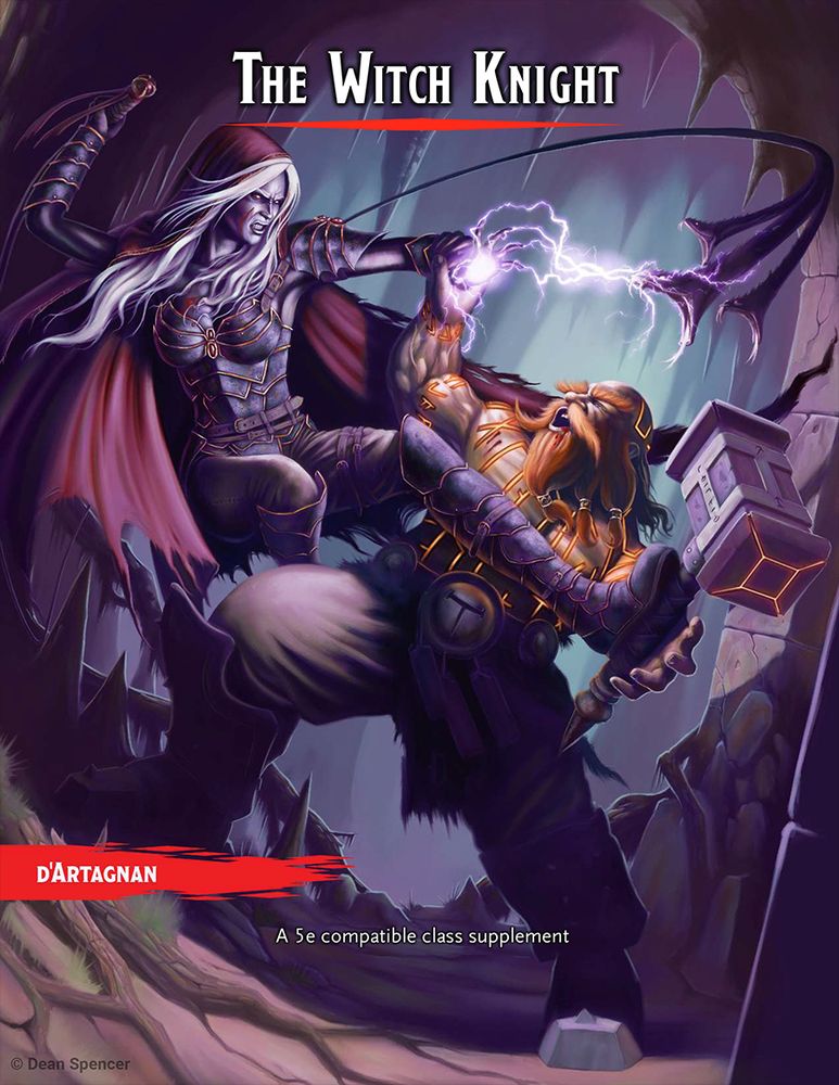 The cover of the Witch Knight class.
A dwarf and a drow are locked in melee combat, wielding spells and magical weapons and armour