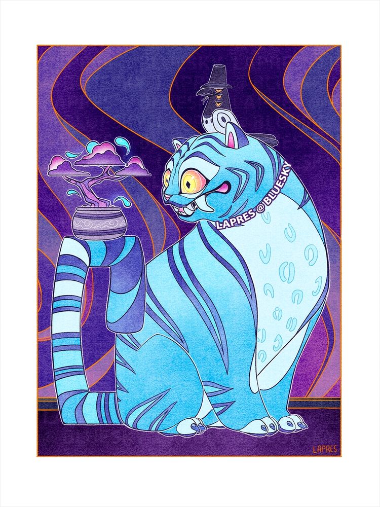 KPOP Demon Hunters fan art by Lapres. Features a blue tiger with vibrant blue stripes surrounded by b lack, a light blue belly and toes. Eyes are vibrant and almost popping out of its skull and large teeth from its upper jaw. On top of its head is a magpie with three eyes and a serrated beak, and a little hat. The tiger has a bonsai  type tree in a pot resting on its tail. The pot is grey and the tree is a mixture of pinks and purples with little blobs of blue floating around, representing souls fluttering about. The background is a wavy pattern of various purples with a hint of gold. 