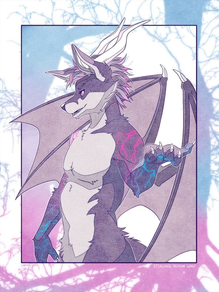 A marker type illustration of a demon wolf. Anthropormorphised, he stands tall (the image is from the hips up) of a grey wolf, hints of stained glass aesthetic, with long sweeping white horns, front flopped ears, and a hand up ready to cast. His arms have a crackled design from vibrant blues on his hands upward going into purple and pink. He has two large sweeping wings. The background is white however trees with their branches mimic the crackling effect. This character is owned by SterlingGryph here on Bluesky, and illustration was drawn by myself, Lapres in 2025. 
