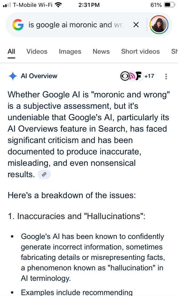 Screenshot from google ai admitting it has been documented to produce inaccurate, misleading and even nonsensical results 