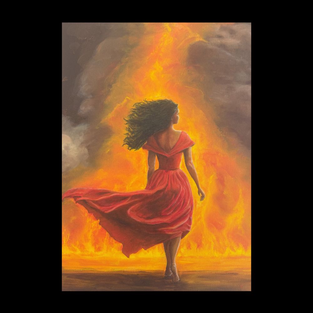 Young woman of colour with red dress and long black hair being blown to the left of her figure. She walks towards a huge fire and the yellow/orange flames create a striking background to show off her amazing figure. Very thought provoking image. Oils on canvas.