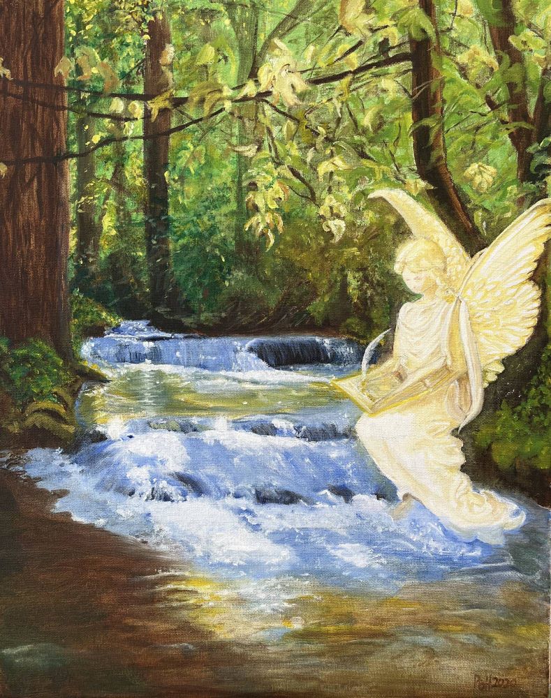 A golden angel, writing in a book of Life, sits beside a beautiful flowing body of water. The water is blue with sunshine glinting on it, and there are splashes of white where it falls over edges and rocks. It is brown/green in shady areas. The water flows through a channel of trees and bushes showing a variety of green, golds and pale yellow leaves. The sunlight peeks through the trees. Very tranquil scene. 