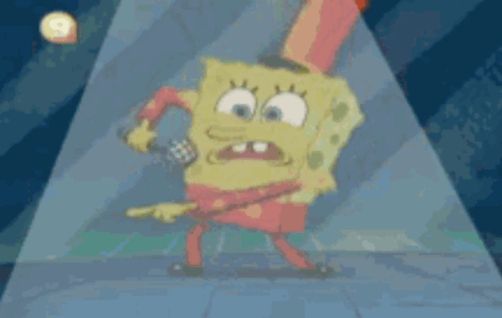 spongebob is singing into a microphone while wearing a red top hat .