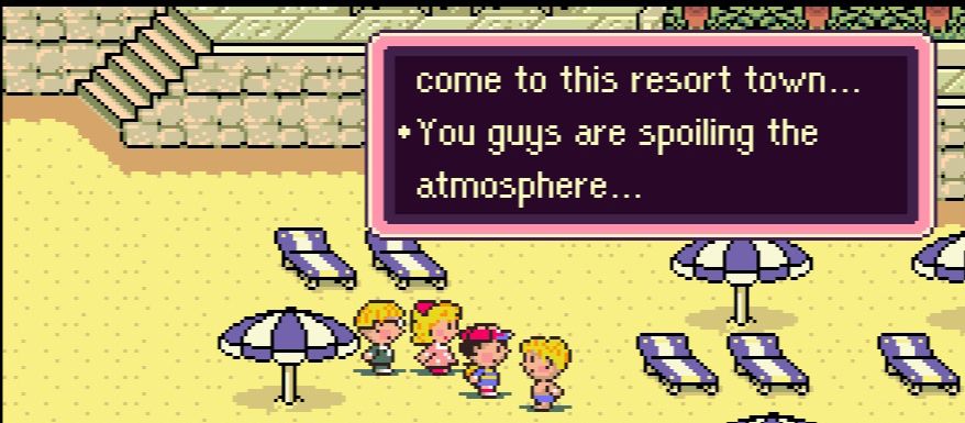 Another screenshot of Earthbound, depicting the same scene as the previous. The vacationing kid's text box continues "You guys are spoiling the atmosphere...".