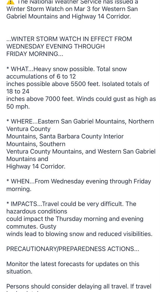 Weather forecast predicting heavy snow at higher elevations in the LA area