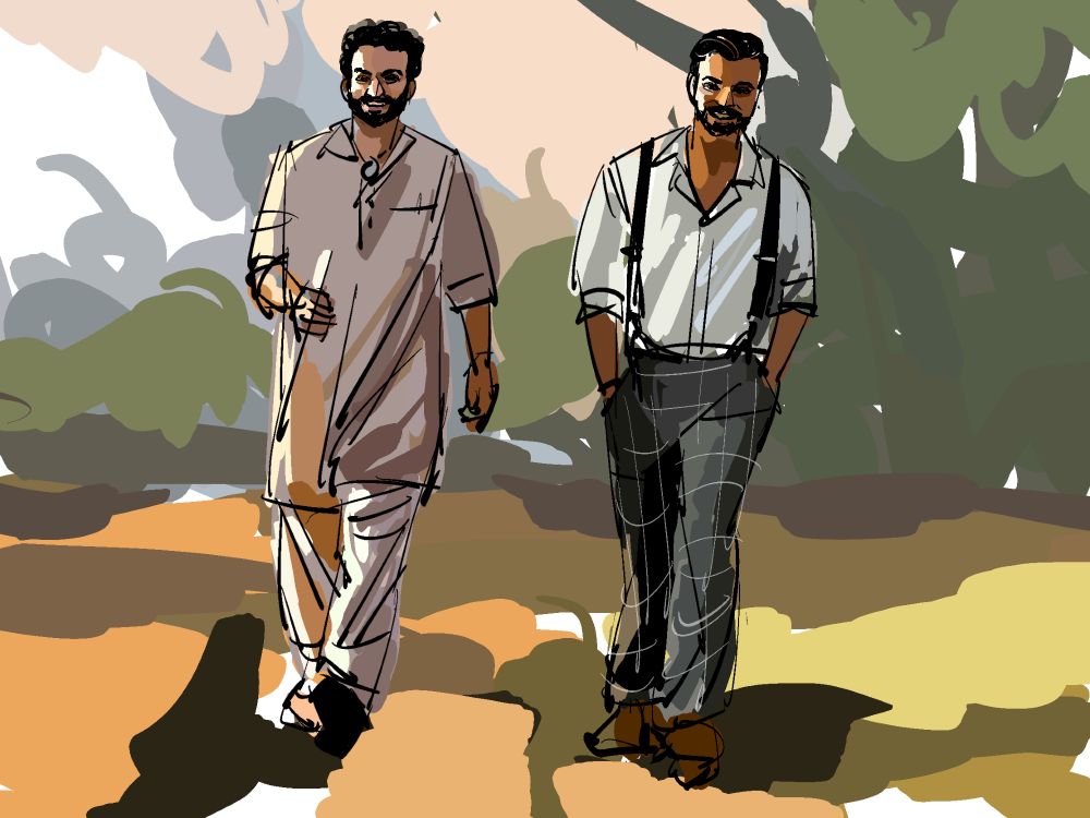 Akhtar/Bheem and Rama walks side by side, both smiling.