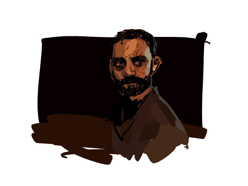 Amar in black clothes, his face covers by blood.