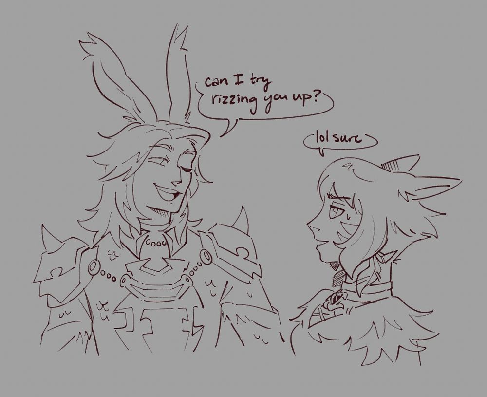 A viera Felix and a miqo’te Y’shtola from FFXIV looking at each other, “Can I try rizzing you up?” Felix says. “lol sure” Y’shtola responds