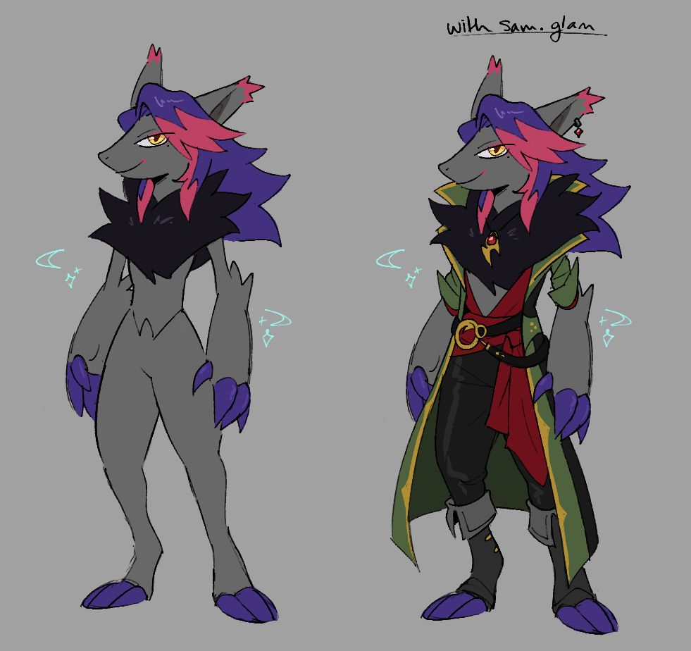 (2023 art) FFXIV x Pokémon Mystery Dungeon AU: Felix depicted as a Shiny Zoroark, one version including an outfit for his Samurai gear, and the other zoroark shown without the gear