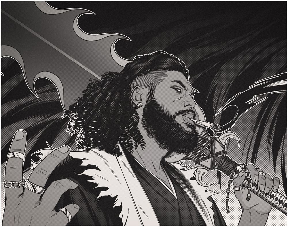 A black and white digital drawing of a young man wielding a large sword. The art style is a mix of my old art style at the time, and manga art. The man wears his black, curly hair in a ponytail, with the sides of his head shaved, has a full beard, wearing multiple rings, and rests his large sword on his shoulder as he peers to the side at the viewer.