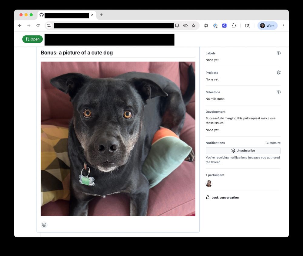 a github pr page, with the comment "Bonus: a picture of a cute dog", and a picture of a cute dog beneath it