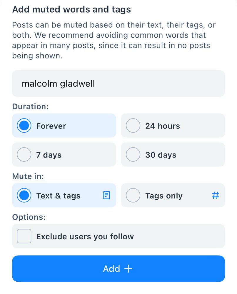Bsky preference screen, showing a rule blocking Malcolm gladwell 
