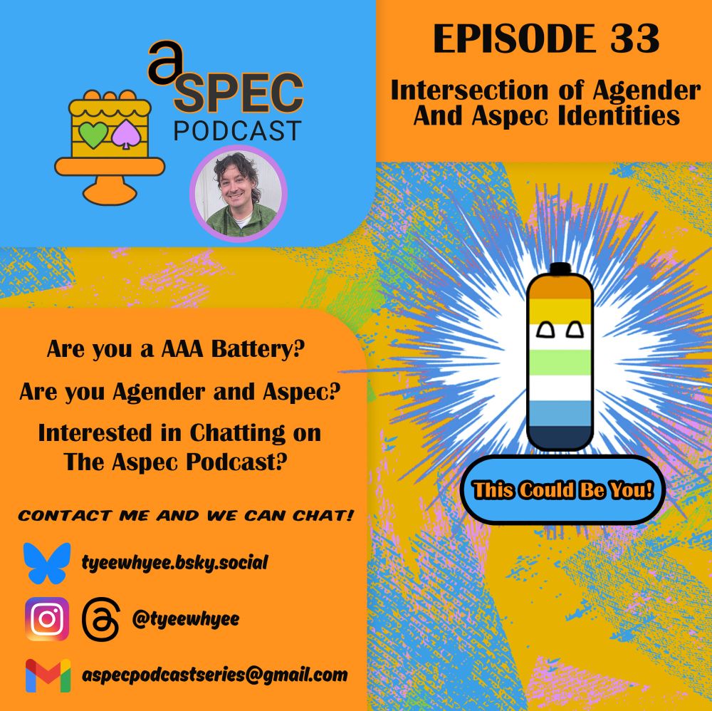 Announcement for the Aspec Podcast Pride Series Talks. On a blue background is the Aspec Podcast logo on the top left hand side. The Asexual and Aromantic flags are visible at the top. 

At the top right, on an orange background are the words "EPISODE 33", and "Intersection of Agender And Aspec Identities".

Below this, on the right hand side is a starbust with white and blue colours. Inside is a cartoon image of a battery with the aroace/agender flag (orange, yellow, white, light green, white, light blue and dark blue), and below is a blue rounded rectangle with the words "This Could Be You!"

On the bottom left hand side, on an orange background, are the following:

Are you a AAA battery?
Are you Agender and Aspec?
Interested in Chatting on the Aspec Podcast

In a different font are the words "Contact me and we can chat!"

the bluesky logo is present with "tyeewhyee.bsky.social" beside
the instagram and threads logos are below this with "@tyeewhyee" beside
and the podcast email (aspecpodcastseries@gmail.com) is written beside the GMail Logo