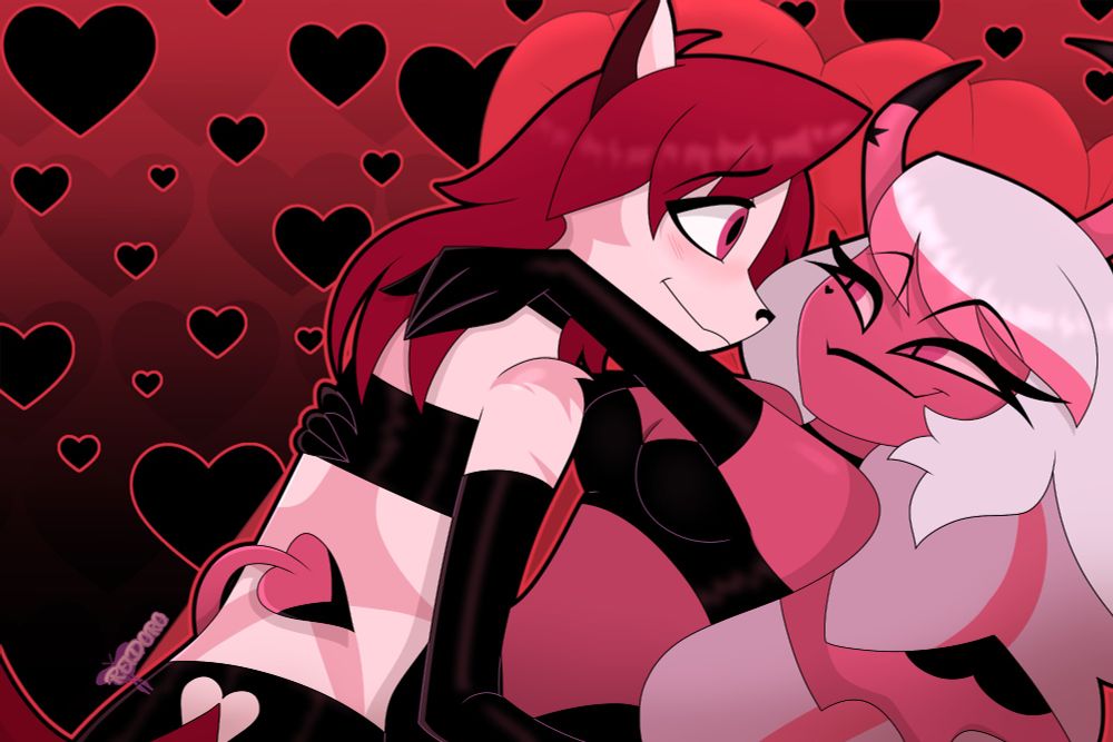 Astrid the wolf hugged on by Verosika Mayday in an intimate and tender display of affection in the style of the Hellaverse Playmats