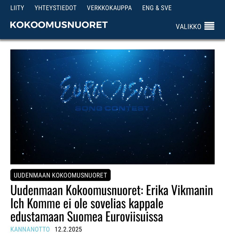 Kuvakaappaus Kokoomusnuoret.fi -sivustolta 12.2.2025 päivätystä lehdistötiedotteesta, jonka otsikko on “Uudenman Kokoomusnuoret: Erika Vikmanin
Ich Komme ei ole sovelias kappale edustamaan Suomea Euroviisuissa”