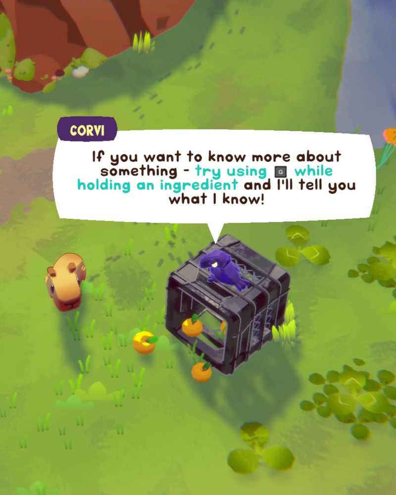 Screenshot from the demo for Capy Castaway. A young crow is perched on a milk cartoon with yuzu in it, speaking to a baby capybara. The text reads, "If you want to know more about something - try using G while holding an ingredient and I'll tell you what I know!".