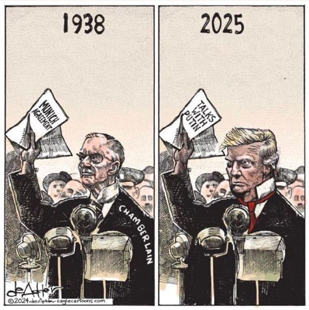 Cartoon. Chamberlain in 1938 talked with Russia and promised peace. Trump in 2025 talked with Russia and promised peace.