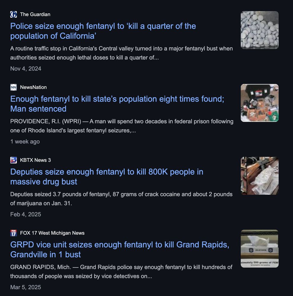 smattering of headlines containing the phrase "enough fentanyl to kill ... "