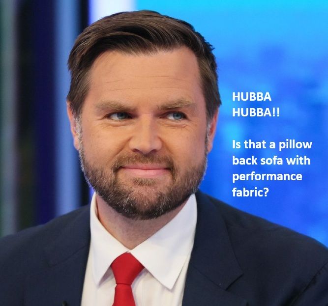 Vance trying to smile like a normal person.  Caption says," Hubba, Hubba!! Is that a pillow back sofa with performance fabric?"