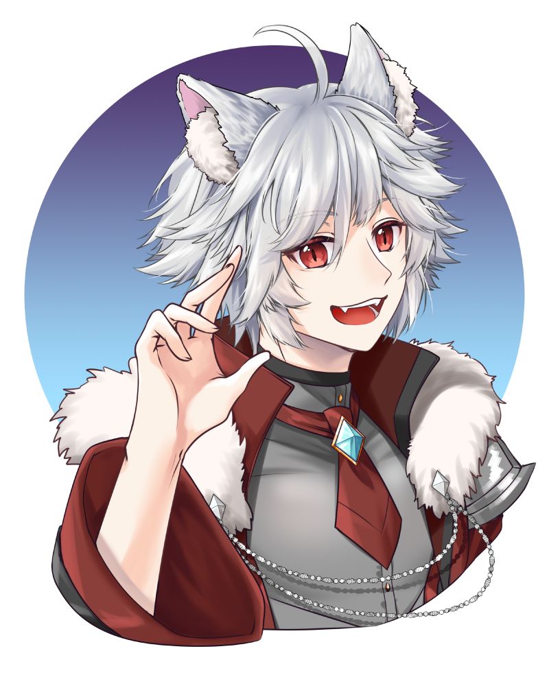 A happy neko knight with a red tie, and fur pauldrons with a red coat waving at the camera with a blue backdrop