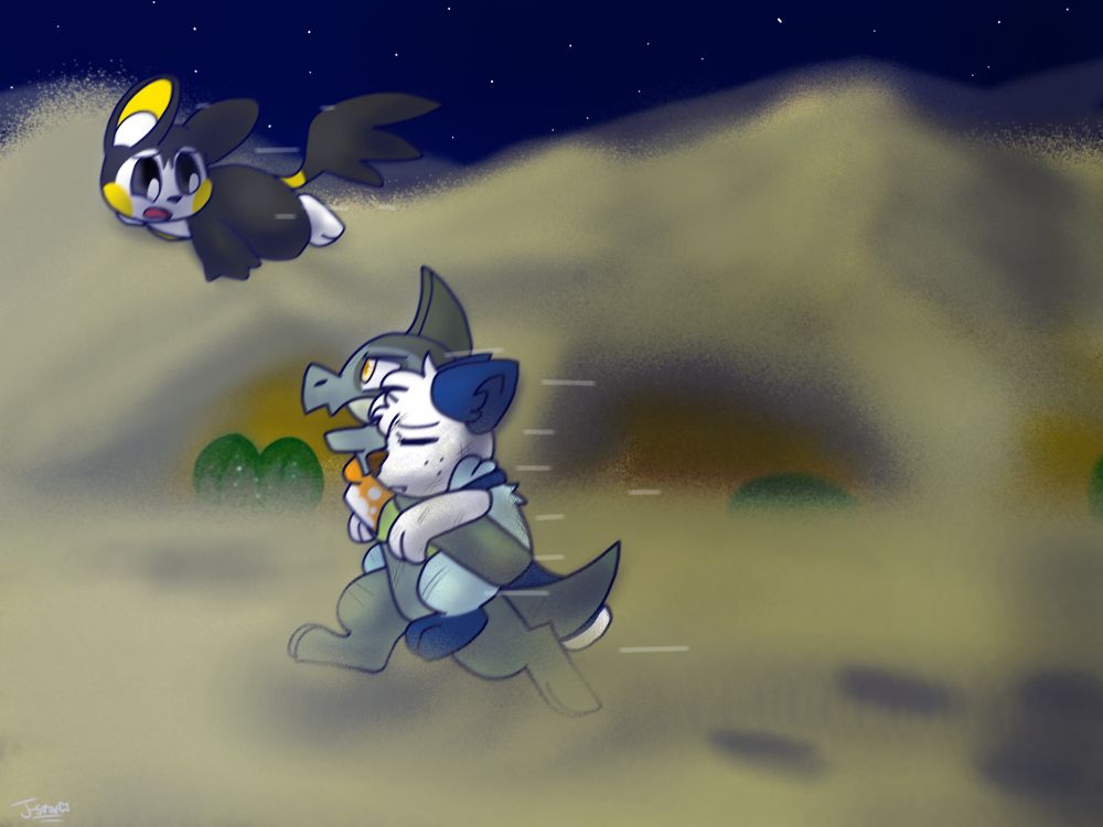 Emolga, Axew carrying a wounded Oshawott in the desert while in a hurry