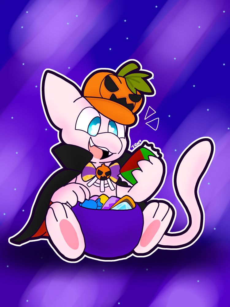 A mew dressed up in a costume on a purple background about to devour some candy