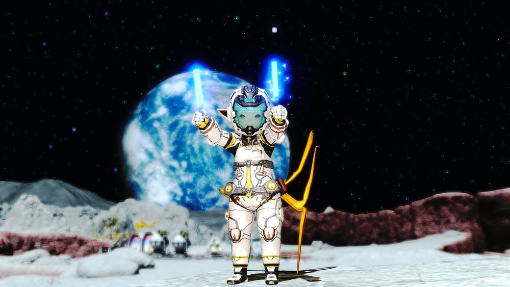 A lalafell on the moon wearing a space suit and waving glow sticks is smiling at the camera.